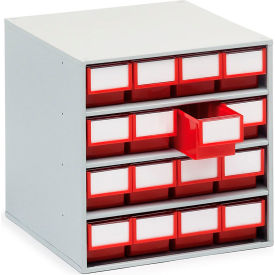 Steel Storage Cabinet, 15-3/4"W x 15-3/4"D x 15-9/16"H, 16 Red Drawers