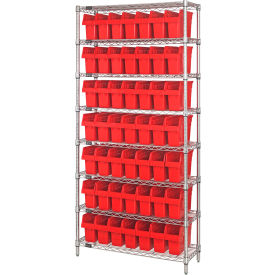 Chrome Wire Shelving with 49 Store-Max Shelf Bins Red, 36"W x 12"D x 74"H