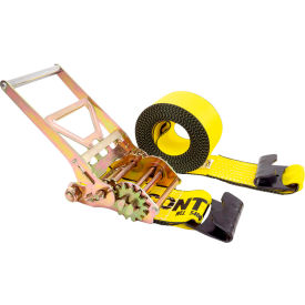 Gear Driving Reverse Action Ratchet Strap with Flat Hooks, 4" x 27', Yellow