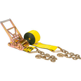 Gear Driving Reverse Action Ratchet Strap with Chain Ends, 4" x 20', Yellow