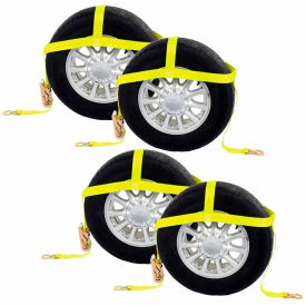 2" Tire Holder Wheel Net with Ratchet Strap & Flat Snap Hooks, Yellow, Pack of 4