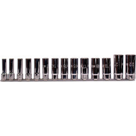Set of 14 3/8" Drive 6-Point Hand Sockets on Rail, Long series, Metric 8mm-22mm