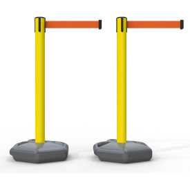 885 Outdoor Fillable Base Barrier Yellow Post, 13' Orange Belt, Pack of 2