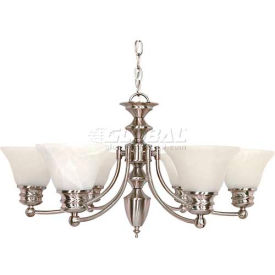 60/356 Empire 6 Light 26" Chandelier w/ Alabaster Glass Bell Shades Brushed Nickel