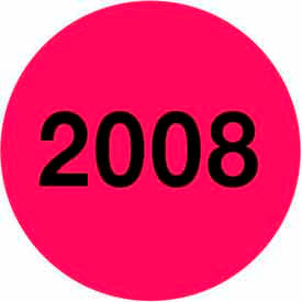3" Dia. Round Paper Labels w/ "Current Calendar Year" Print, Fluorescent Red & Black, Roll of 500