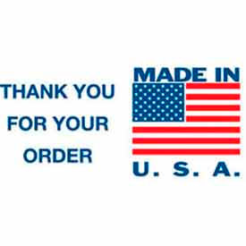 Paper Labels w/ "Made In USA Thank You" Print, 5"L x 3"W, White/Red/Blue, Roll of 500