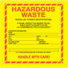 Paper Labels w/ "Hazardous Waste" Print, 6"L x 6"W, Yellow/Red/Black, 100 Labels Per Package