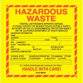 Paper Labels w/ "Hazardous Waste California" Print, 6"L x 6"W, Yellow/Red/Black, 100 Labels per Pack