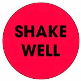 2" Dia. Round Paper Labels w/ "Shake Well" Print, Fluorescent Red & Black, Roll of 500