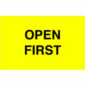 Receiving Labels w/ "Open First" Print, 5"L x 3"W, Bright Yellow, Roll of 500