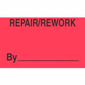 Paper Labels w/ "Repair/Rework By" Print, 2"L x 1-3/8"W, Fluorescent Red, Roll of 500