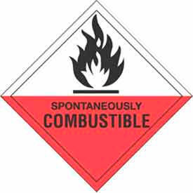 Paper Labels w/ "Spontaneously Combustible" Print, 4"L x 4"W, White/Red/Black, Roll of 500