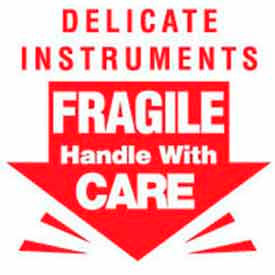Paper Labels w/ "Fragile Delicate Instrument" Print, 3"L x 3"W, White & Red, Roll of 500