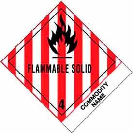 Class 4 Flammable Solid Labels, 4-3/4"L x 4"W, White/Red/Black, Roll of 500