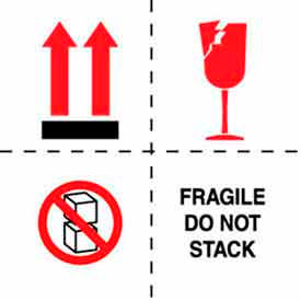 Paper Labels w/ "Fragile Do Not Stack" Print, 6"L x 6"W, White/Red/Black, Roll of 500