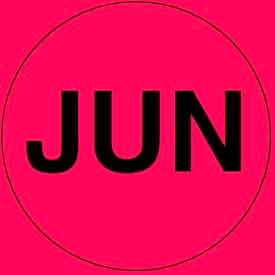 2" Dia. Round Paper Labels w/ "Jun" Print, Fluorescent Red & Black, Roll of 500