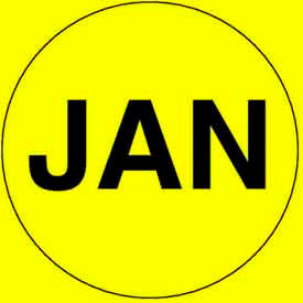 2" Dia. Round Paper Labels w/ "Jan" Print, Bright Yellow & Black, Roll of 500