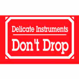 Paper Labels w/ "Delicate Instrument Don't Drop" Print, 3"L x 2"W, White & Red, Roll of 500
