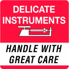 Delicate Instruments Handle w/ Care" Labels, 4"L x 4"W, Red/White, Roll of 500