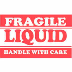 "Fragile Liquid Handle w/ Care" Labels, 3"L x 2"W, Red/White, Roll of 500