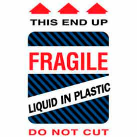 Paper Labels w/ "Fragile Liquid In Plastic Do Not Cut" Print, 4"L x 6"W, White/Red/Blue, Roll of 500
