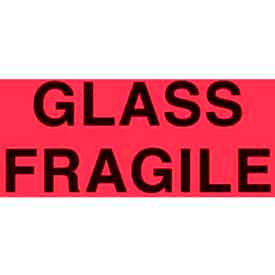 Paper Labels w/ "Glass Fragile" Print, 5"L x 3"W, Fluorescent Red & Black, Roll of 500