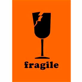 Paper Labels w/ "Fragile Glass" Print, 3"L x 2"W, Fluorescent Orange, Roll of 500