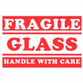 Labels w/ "Fragile Glass Handle w/ Care" Print, 5"L x 3"W, Red/White, Roll of 500