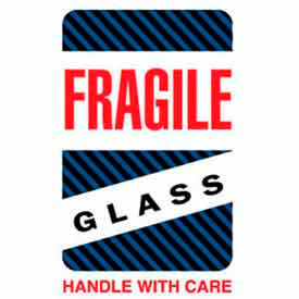 Paper Labels w/ "Fragile Glass Handle w/ Care" Print, 6"L x 4"W, White/Red/Black/Blue, Roll of 500