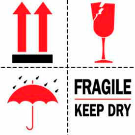 Paper Labels w/ "Fragile Keep Dry" Print, 6"L x 6"W, White/Red/Black, Roll of 500
