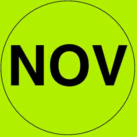 2" Dia. Round Paper Labels w/ "Nov" Print, Fluorescent Green & Black, Roll of 500