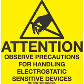 Paper Labels w/ "Attention Observe Precautions" Print, 2"L x 2"W, Yellow, Roll of 500