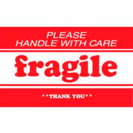 Paper Labels w/ "Fragile Please Handle w/ Care Thank You" Print, 5"L x 3"W, Red/White, Roll of 500