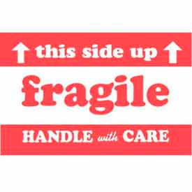 Paper Labels w/ "Fragile This Side Up Handle w/ Care" Print, 3"L x 2"W, Red & White, Roll of 500