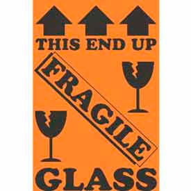 Fragile Glass Labels, 6"L x 4"W, Fluorescent Orange & Black, Roll of 500