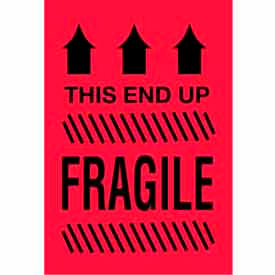 Paper Labels w/ "This Side Up Fragile" Print, 6"L x 4"W, Fluorescent Red & Black, Roll of 500