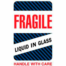 Labels w/ "Fragile Liquid In Glass Handle w/ Care" Print, 4"L x 6"W, White/Black/Blue, Roll of 500
