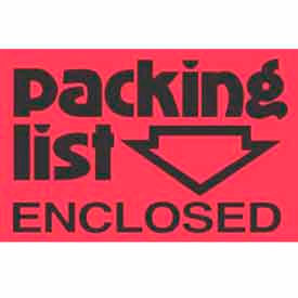 Paper Labels with "Packing List Enclosed" Print, 4"L x 3"W, Fluorescent Red, 500/Roll