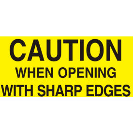 "Caution When Opening w/ Sharp Edges" Receiving Labels, 5"L x 3"W, Bright Yellow, Roll of 500