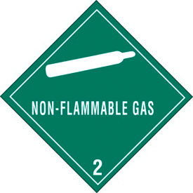 Non Flammable Gas Hazard Class 2 Labels, 4"L x 4"W, Green & White, Roll of 500