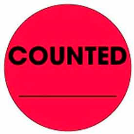 2" Dia. Round Paper Labels w/ "Counted" Print, Fluorescent Red & Black, Roll of 500