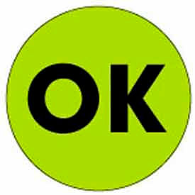 2" Round Paper Labels w/ "Ok" Print, Fluorescent Green & Black, Roll of 500