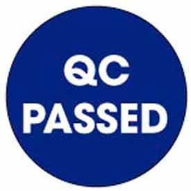 2" Dia. Round Paper Labels w/ "Qc Passed" Print, Blue & White, Roll of 500