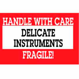 Delicate Instruments Handle w/ Care" Labels, 3"L x 2"W, Red/White, Roll of 500