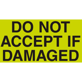 Paper Labels w/ "Do Not Accept If Damaged" Print, 5"L x 3"W, Fluorescent Green, Roll of 500