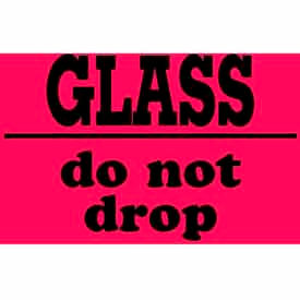 Paper Labels w/ "Glass Do Not Drop" Print, 4"L x 3"W, Fluorescent Red & Black, Roll of 500