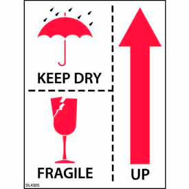 Paper Labels w/ "Keep Dry Fragile Up" Print, 4"L x 3"W, Black/Red/White, Roll of 500