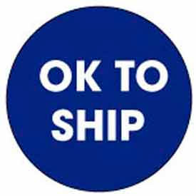 2" Dia. Round Paper Labels w/ "Ok To Ship" Print, Blue & White, Roll of 500