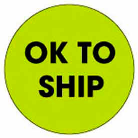 2" Dia. Round Paper Labels w/ "Ok To Ship" Print, Fluorescent Green & Black, Roll of 500