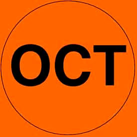 2" Dia. Round Paper Labels w/ "Oct" Print, Fluorescent Orange & Black, Roll of 500